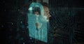 Interacting with digital interface, man exploring futuristic technology concepts
