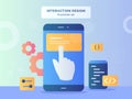 Interaction design illustration set finger on smartphone screen background of gear coding with flat style