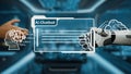 Interaction Between Human and AI Chatbot in a Futuristic Workspace Featuring Digital Interface and Robotic Arm Engaging Royalty Free Stock Photo