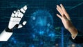 Interaction Between Human Hand and Robotic Hand Against Digital Background Representing Artificial Intelligence and Royalty Free Stock Photo