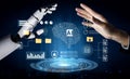 Interaction between Human Hand and Robotic Arm with Digital Interface Representing Artificial Intelligence and Data Royalty Free Stock Photo