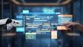 Interaction Between Human and Robot in Software Programming with Coding Language Interface on Digital Screen Display in Royalty Free Stock Photo