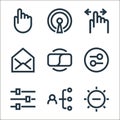 interaction line icons. linear set. quality vector line set such as brightness, users, settings, options, wifi, open mail, swipe