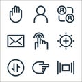 interaction line icons. linear set. quality vector line set such as multitask, hand, data transfer, brightness and contrast, press