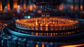 Interactive AI-Powered Machine Creating Tiny Vials in High-Tech Lab Environment with Glassware on Circular Stage in Dark