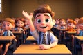 Interactive classroom education concept. Schoolboy raise hand to answer question during class at school. Elementary student in