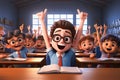 Interactive classroom education concept. Schoolboy raise hand to answer question during class at school. Elementary student in