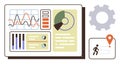 Data dashboard with charts, graphs, and analytics alongside gear and navigation progress icon Royalty Free Stock Photo
