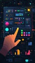 Interactive dashboard with vibrant tech icons and graphs