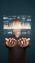 Interactive data visualization, person holding a digital interface displaying graphs and charts for analysis Royalty Free Stock Photo