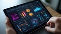 Interactive data visualization on a tablet showcases real-time statistics and analytics in a modern workspace. Generative AI Royalty Free Stock Photo