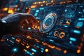 Interactive digital interface with glowing elements and user interaction in a fu Royalty Free Stock Photo