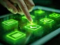 Interactive digital interface with glowing green icons on a touchscreen device, illustrating modern technology, data management, Royalty Free Stock Photo
