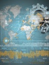 Interactive Digital World Map Illustrating Global Connectivity and Data Flow With Gears and Graphs Overlaid Royalty Free Stock Photo