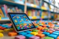 An interactive e-learning platform gamifying the learning experience. A tablet is sitting on top of a pile of colorful blocks Royalty Free Stock Photo