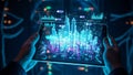 Interactive futuristic city model displayed on tablet showcasing smart technology integration and Royalty Free Stock Photo
