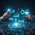 Interactive futuristic data visualization with hands touching glowing holographic graphs Royalty Free Stock Photo