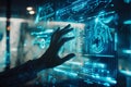 Interactive Futuristic Interface, Exploring a Hand Interacting with a Holographic Display of Data, Charts, and Comp