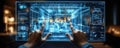 Interactive futuristic interface showcasing virtual room design and architectural blueprints