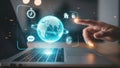 Interactive global network security interface on laptop Royalty Free Stock Photo