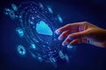 Interactive hand reaching toward glowing cloud with digital icons representing cloud computing technology and data management. Royalty Free Stock Photo