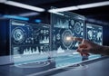 Interactive holographic data visualization interface with futuristic controls Royalty Free Stock Photo