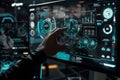 Interactive Holographic Display Interface: A hand interacts with complex 3D data visualizations for advanced analysis Royalty Free Stock Photo
