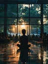 Interactive learning spaces, selective focus, innovation theme, surreal, silhouette, library backdrop