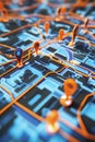 An interactive-looking 3D map with animated location pins and network routes.