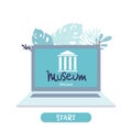 Interactive museum exhibition. laptop . Virtual Museum and Art Gallery Tours in laptop. Online Tours. Vector flat