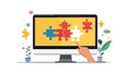 Interactive Online Puzzle Game with Colorful Jigsaw Pieces on Screen and Hand Pointing