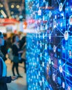 Interactive social network display at a tech expo with live feeds of people chatting demonstrating advanced communication