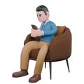 A male TV presenter sits while playing with a cellphone held with both hands Royalty Free Stock Photo