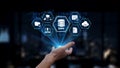 Interactive technology hand with digital data icons representing data management, cloud computing, and innovative Royalty Free Stock Photo