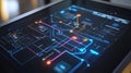 An interactive touchscreen interface displaying an animated flow chart illustrating the path of data processing stages