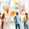Interactive workshop for creative ideation, collaboration using digital tools, energetic, modern workspace
