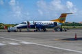 An InterCaribbean Airways Embraer 120 plane on tarmac at Maurice Bishop International Airport in Grenada