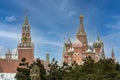 Intercession Cathedral or St. Basil`s Cathedral and the Spassky Tower of Moscow Kremlin at Red Square in Moscow, Russia Royalty Free Stock Photo