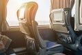 Intercity bus interior with seat-mounted interactive touchscreen Royalty Free Stock Photo