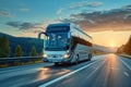 An intercity large bus travels along the highway. Generative AI. Royalty Free Stock Photo