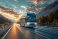 An intercity large bus travels along the highway. Generative AI. Royalty Free Stock Photo