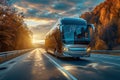 An intercity large bus travels along the highway. Generative AI. Royalty Free Stock Photo