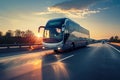An intercity large bus travels along the highway. Generative AI. Royalty Free Stock Photo