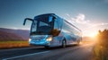 An intercity large bus travels along the highway. Generative AI. Royalty Free Stock Photo