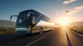 An intercity large bus travels along the highway. Generative AI. Royalty Free Stock Photo
