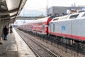 Intercity passenger train stands near the platform of the Mirkaz Shmona railway station in Haifa, Israel Royalty Free Stock Photo