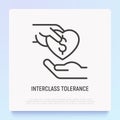 Interclass tolerance thin line icon: one hand donates to other. Symbol of charity for destitute. Modern vector illustration