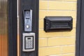 intercom panel with a video camera on the brick fence of private house