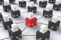 Interconnected blocks center on a red block, symbolizing relationships within a network.