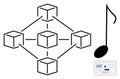 Blockchain network connecting nodes with music note and data analytics for creative innovation Royalty Free Stock Photo